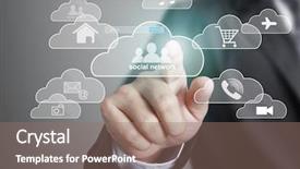  Presentation with touch screen - PPT theme featuring business technology software - human finger pressing the touch background and a coral colored foreground