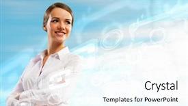  Presentation with software - Colorful slide deck enhanced with business technology software - image of attractive businesswoman backdrop and a cool aqua colored foreground