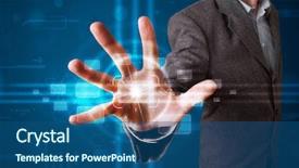  Presentation with modern tech - Presentation design consisting of business technology software - young businessman pressing high tech background and a  colored foreground