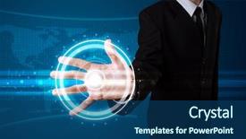  Presentation with modern tech - Amazing PPT layouts having business technology software - young businessman pressing high tech backdrop and a  colored foreground