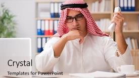  Presentation with arab - Slides enhanced with business telesales - arab businessman working background and a soft green colored foreground