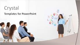  Presentation with trainer - Beautiful PPT theme featuring business trainer giving presentation to group of people backdrop and a white colored foreground