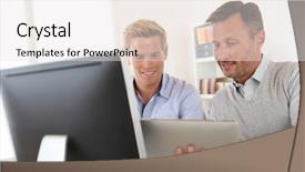  Presentation with employee - Slide set featuring business trainnig - manager with employee working background and a white colored foreground