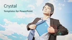  Presentation with transformation - Amazing slide set having business transformation - image of young businessman showing backdrop and a sky blue colored foreground