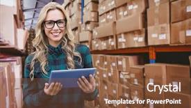  Presentation with forklift - Amazing slide set having business transportation - pretty blonde with tablet backdrop and a tawny brown colored foreground