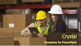  Presentation with warehouse - PPT theme consisting of business transportation - workers in warehouse use digital background and a tawny brown colored foreground