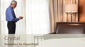  Presentation with business travel - Audience pleasing PPT theme consisting of business travel concept a mature businessman checking his smart phone in front of the window of his hotel room backdrop and a lemonade colored foreground