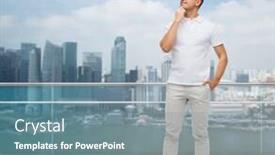  Presentation with tourism business - Slides enhanced with business travel tourism and people concept - smiling man with hands in pockets looking up over city background background and a seafoam green colored foreground