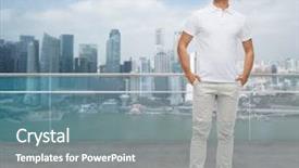  Presentation with tourism business - Beautiful PPT theme featuring business travel tourism and people concept - smiling man with hands in pockets looking up over city background backdrop and a gray colored foreground