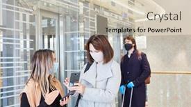  Presentation with corona - Amazing PPT theme having business-travelers-with-smartphones-use backdrop and a soft green colored foreground