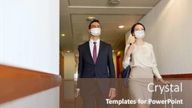  Presentation with medical face mask - Slide deck with business-trip-health-and-people background and a tawny brown colored foreground