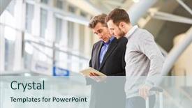  Presentation with business environment using laptops globe - Beautiful presentation design featuring business trip in airport terminal backdrop and a sky blue colored foreground