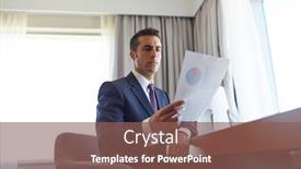  Presentation with business hotel - Colorful presentation enhanced with business trip people and paperwork concept - businessman with papers working at hotel room backdrop and a violet colored foreground