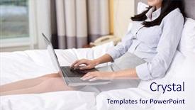  Presentation with hotel technology - Amazing PPT theme having business trip people and technology concept - smiling businesswoman with laptop computer typing in bed at hotel backdrop and a sky blue colored foreground
