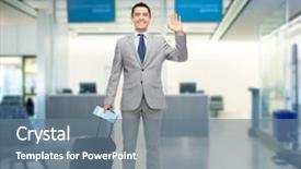  Presentation with ticket - Theme having business trip traveling luggage and people concept - happy businessman in suit with travel bag and air ticket waving hand over airport background background and a seafoam green colored foreground