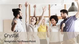  Presentation with victory team - Audience pleasing theme consisting of celebration work - business triumph gesture people backdrop and a soft green colored foreground