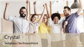  Presentation with team achievement - Slide deck consisting of business triumph gesture people background and a soft green colored foreground