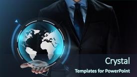  Presentation with hand holding earth - Amazing slide set having business virtual reality people backdrop and a navy blue colored foreground