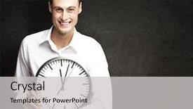  Presentation with clock - Cool new slide set with business wall - portrait of young man holding backdrop and a light gray colored foreground