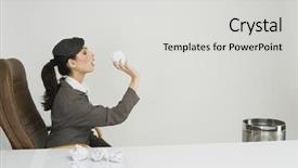  Presentation with paper - Colorful slide deck enhanced with business waste - businesswoman throwing crumpled paper backdrop and a light gray colored foreground