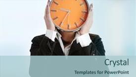  Presentation with learn english concept time - PPT theme featuring business waste - businesswoman with clock - time background and a light blue colored foreground