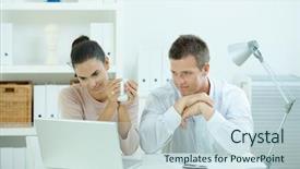  Presentation with young happy couple - Amazing presentation having business white - young casual couple sitting backdrop and a sky blue colored foreground