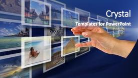  Presentation with multimedia - Colorful PPT theme enhanced with business widescreen - hand reaching streaming multimedia backdrop and a  colored foreground