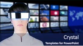  Presentation with futuristic glasses - PPT theme with business widescreen - silver futuristic glasses woman portrait background and a navy blue colored foreground