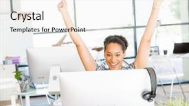  Presentation with employee anniversary work office - Presentation theme enhanced with business win - portrait of smiling afro-american office background and a  colored foreground