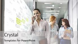  Presentation with woman business - Cool new PPT theme with business woman - young businesswoman on call backdrop and a light gray colored foreground