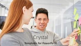  Presentation with sticky notes - Amazing theme having business-woman-and-asian-colleague backdrop and a light gray colored foreground