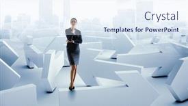  Presentation with maze - PPT theme featuring business-woman-and-maze-mixed background and a sky blue colored foreground