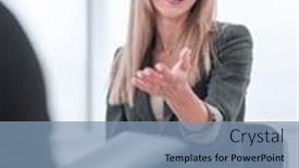  Presentation with questions - Audience pleasing presentation theme consisting of business-woman-answering-questions-during backdrop and a seafoam green colored foreground