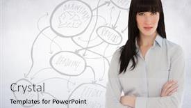  Presentation with doodle - Cool new presentation design with business woman arms folded against white wall with concept doodle backdrop and a white colored foreground