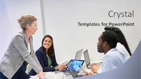  Presentation with international business - Slides having business-woman-as-a-consultant background and a light gray colored foreground