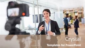  Presentation with coach - PPT theme consisting of business-woman-as-a-live background and a coral colored foreground