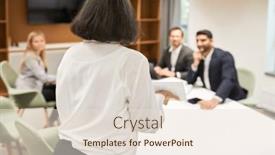  Presentation with consulting - PPT theme consisting of business-woman-as-a-speaker background and a lemonade colored foreground