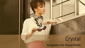  Presentation with pink business - Presentation featuring business woman at office building background and a coral colored foreground