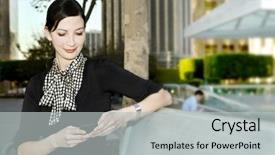  Presentation with email - Presentation with business woman checking email on her phone background and a light gray colored foreground