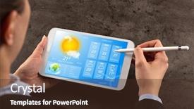  Presentation with weather - Beautiful presentation featuring business woman checking weekly weather backdrop and a tawny brown colored foreground