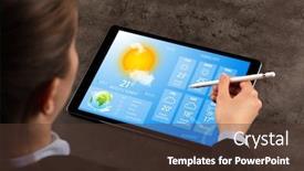  Presentation with forecast - Slide set having business woman checking weekly weather forecast on tablet background and a tawny brown colored foreground
