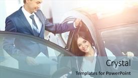  Presentation with car business - Colorful PPT theme enhanced with business woman chooses a car backdrop and a light blue colored foreground