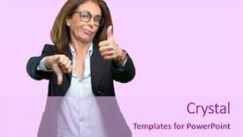  Presentation with decision - PPT theme featuring business woman confused with thumbs background and a pink colored foreground