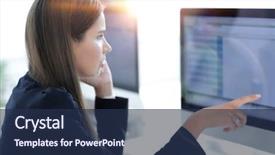  Presentation with spreadsheet data and business charts - Slide set featuring business woman discusses computer data background and a  colored foreground