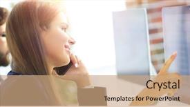  Presentation with spreadsheet data and business charts - Colorful presentation enhanced with business woman discusses computer data backdrop and a  colored foreground