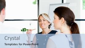  Presentation with partners - Beautiful PPT theme featuring business woman discussing new project with her partners backdrop and a light blue colored foreground