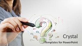  Presentation with question - Slide set consisting of business woman drawing question mark background and a light gray colored foreground