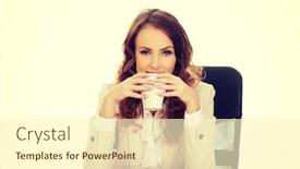  Presentation with desk - Theme enhanced with business-woman-drinking-coffee background and a  colored foreground