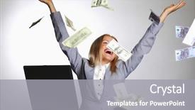  Presentation with drop - Beautiful presentation theme featuring business woman drop dollars backdrop and a gray colored foreground