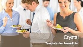  Presentation with woman business - Beautiful slides featuring business woman during company lunch backdrop and a coral colored foreground